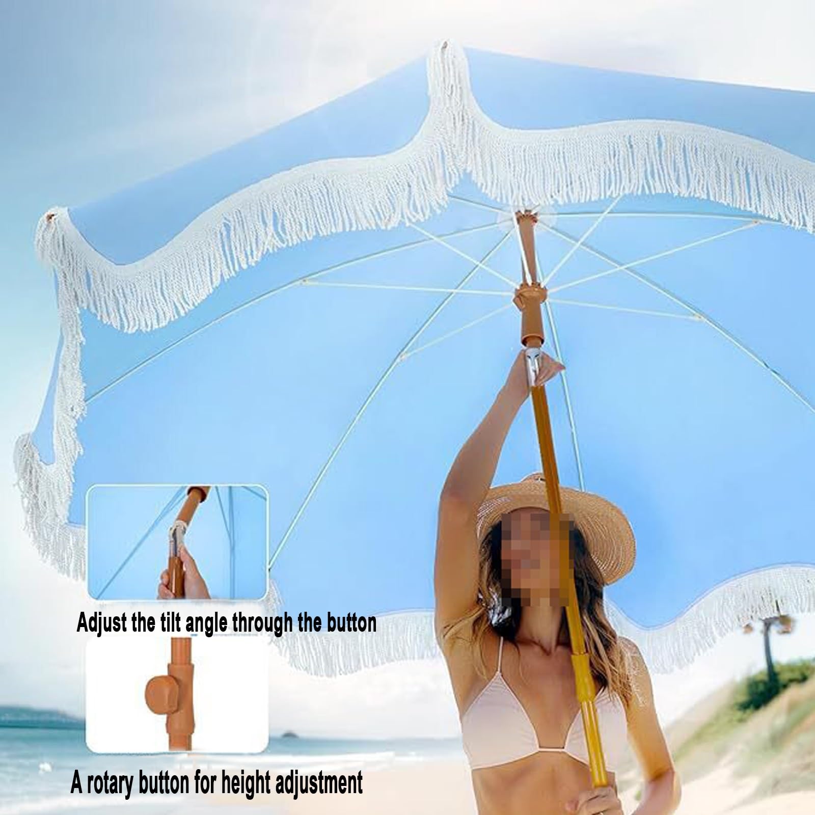 Solarny parasol z frędzlami, parasol na stół na zewnątrz, 8 solidnych żeber, nachylenie przycisku, łatwe podnoszenie korby, regulowana wysokość, na patio, ogród, podwórko