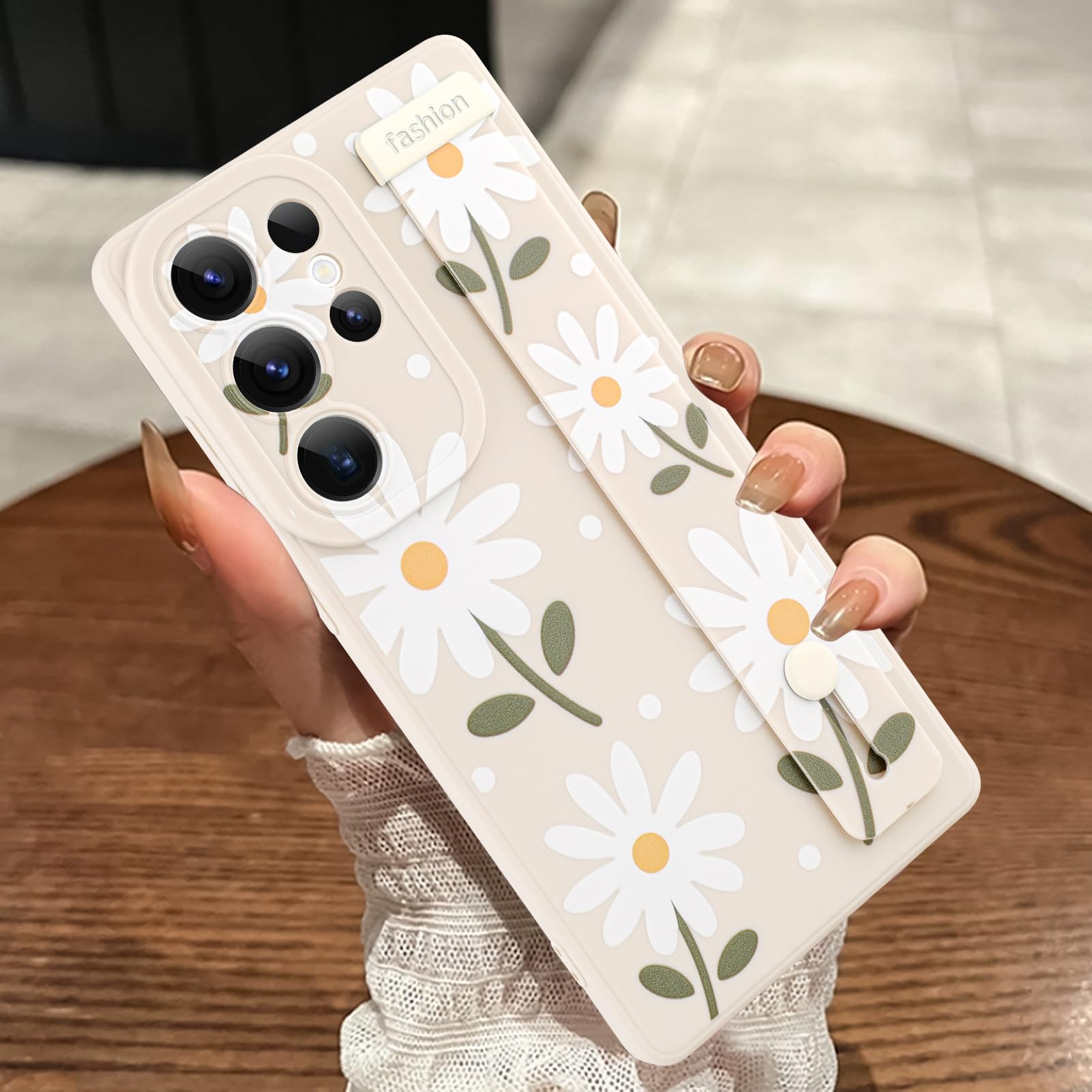 MOWIME Compatible with Samsung Galaxy S25 Ultra Case with Wrist Strap, Cute Daisy Floral Shockproof Soft TPU Protective Cover Women Girls, Slim Anti