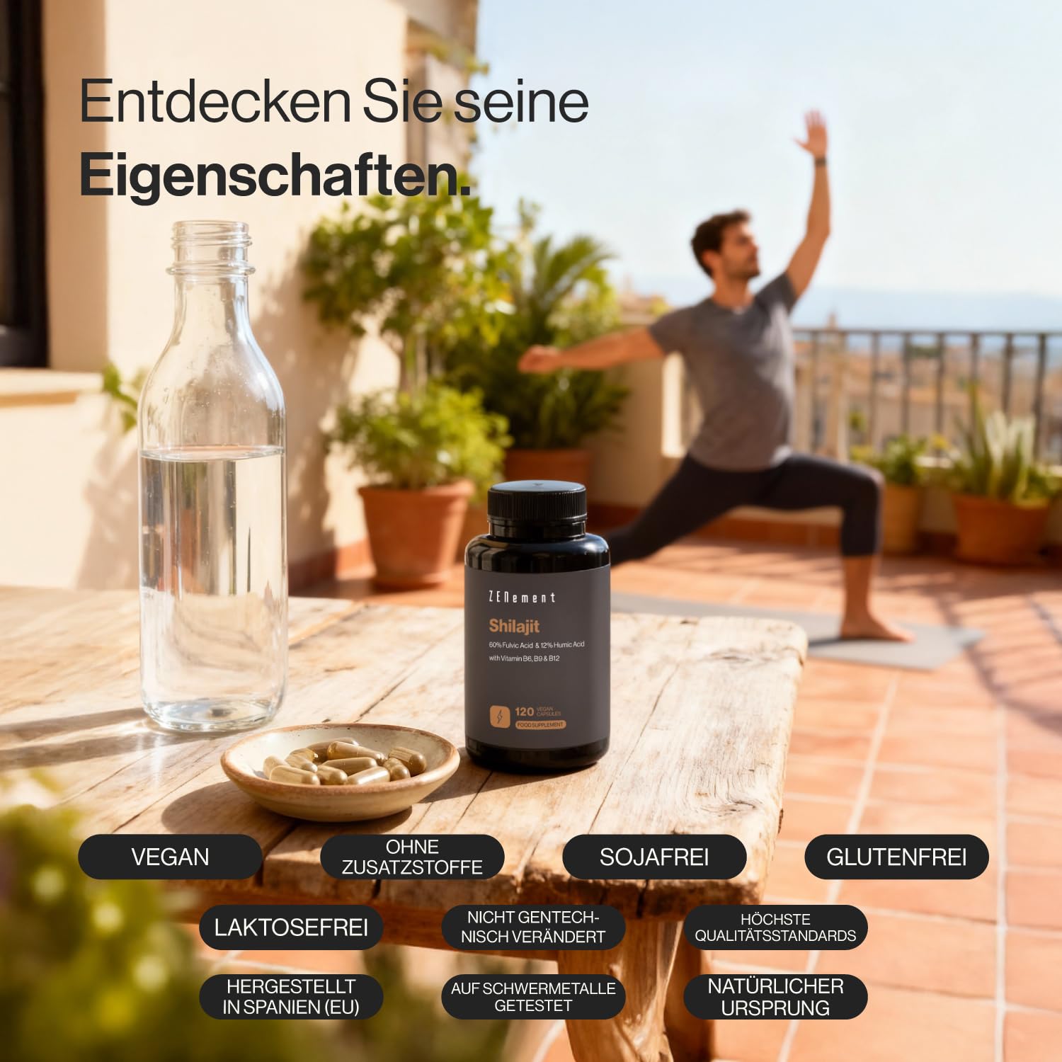 Reines Shilajit aus dem Himalaya 1300 mg (entspricht 45000 mg Pulver) pro Tagesdosis – 60 % Fulvinsäure, 12 % Huminsäure – mit Vitamin B6, B9 und B12 – 120 vegane Kapseln, 2 Monate – Zenement