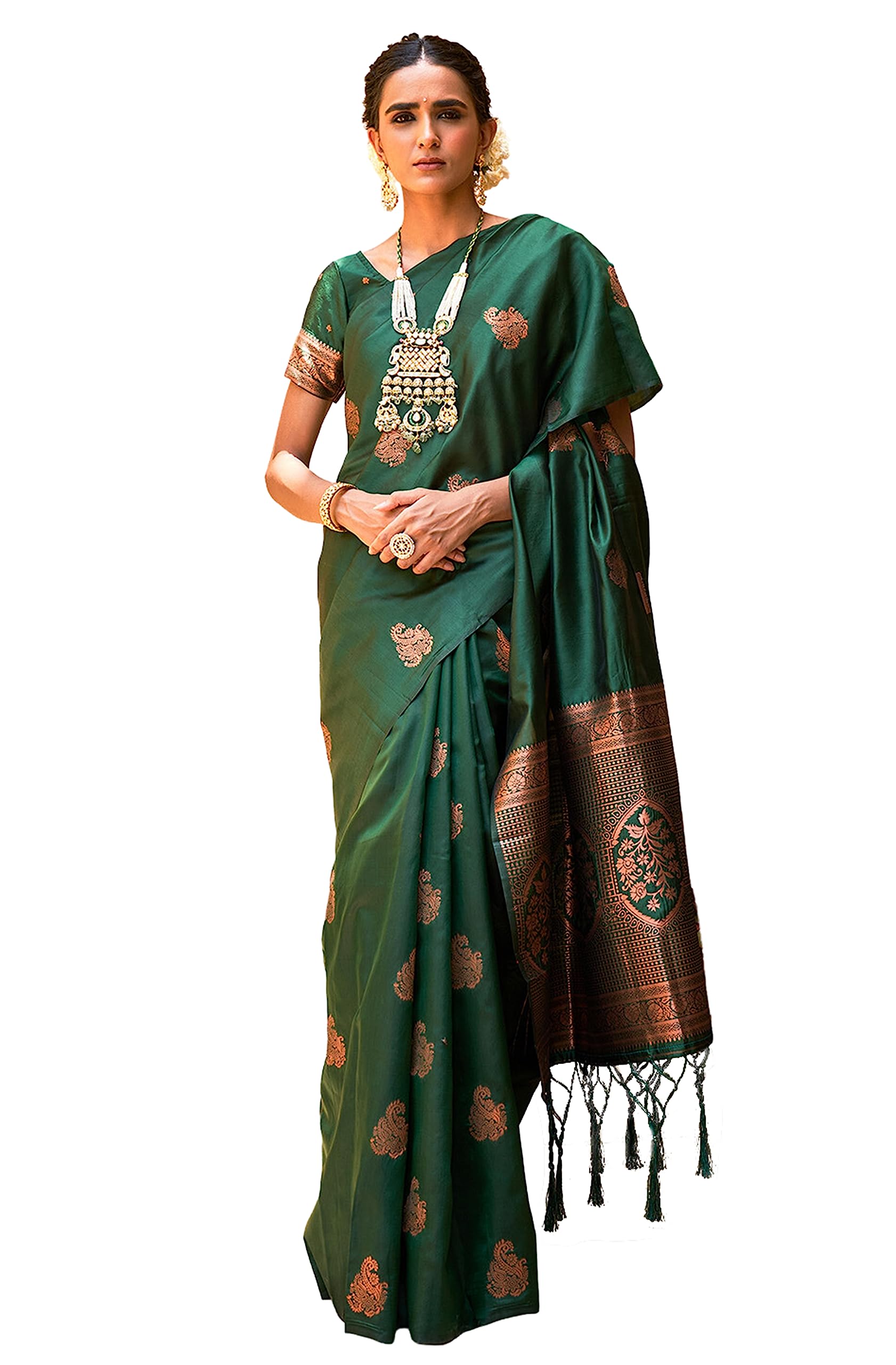 JanasyaValentines Day Gifts Green Kanjeevaram Silk Woven Ethnic Motifs Saree with Unstitched Blouse Piece