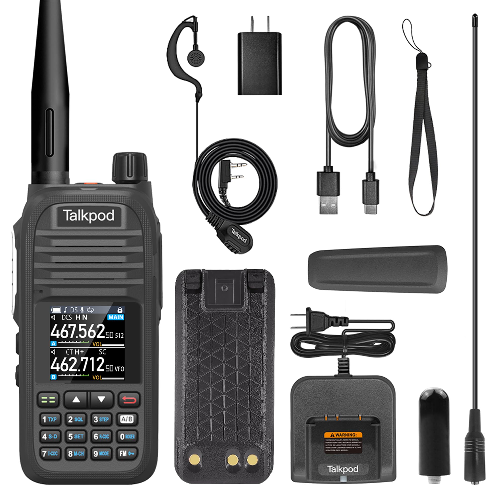 Talkpod A36SE Handheld Walkie Talkie, Long Range GMRS Radio with 771 Antenna & 805 Antenna, 512 Channels, VOX, 1500mAh Battery, USB-C Charging with Earpiece (Black)-1 Pack - 1