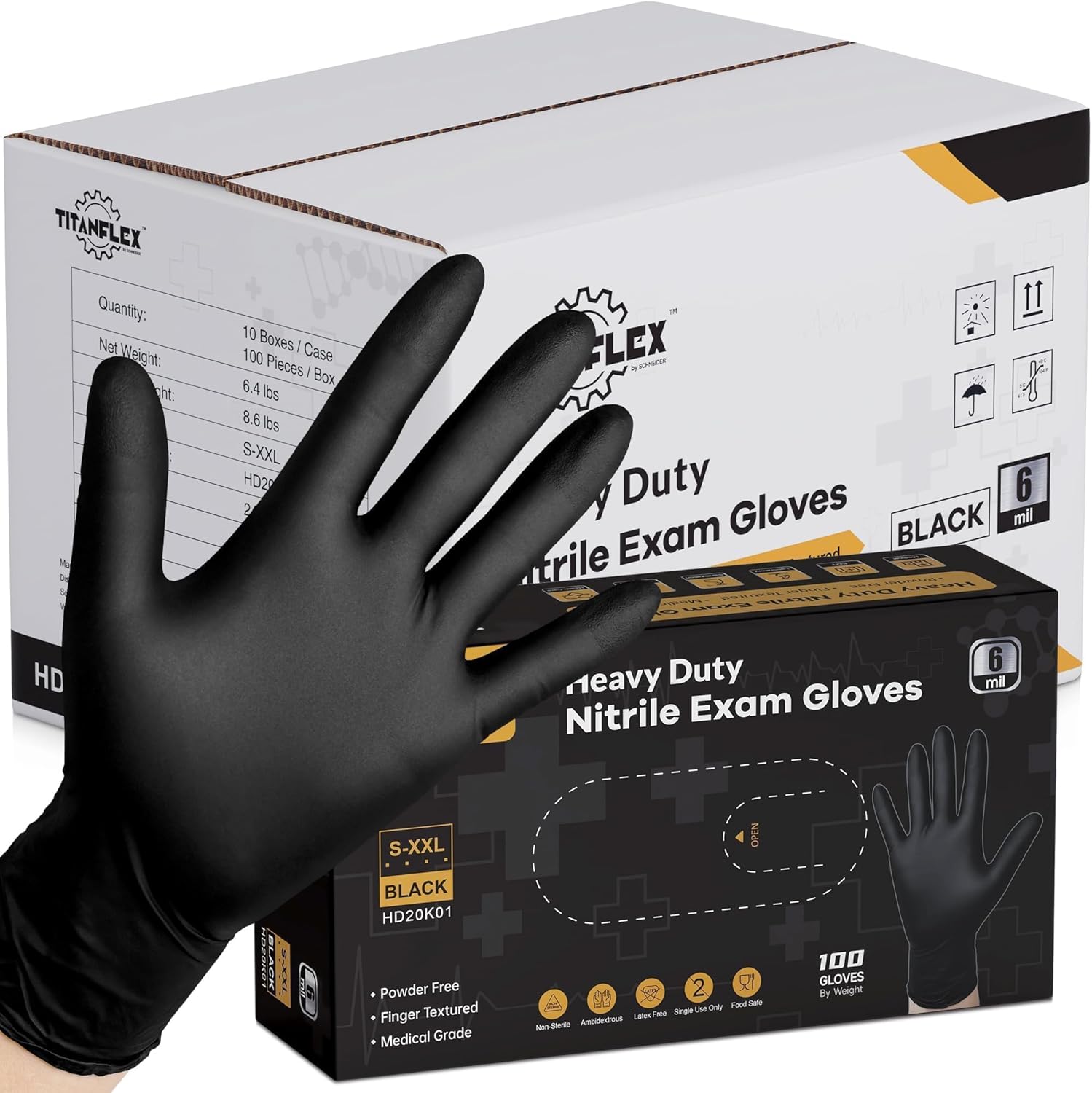 TitanFlex Disposable Nitrile Exam Gloves, 6-mil, Black, Heavy Duty, Latex Free, Food Safe for Cooking & Food Prep