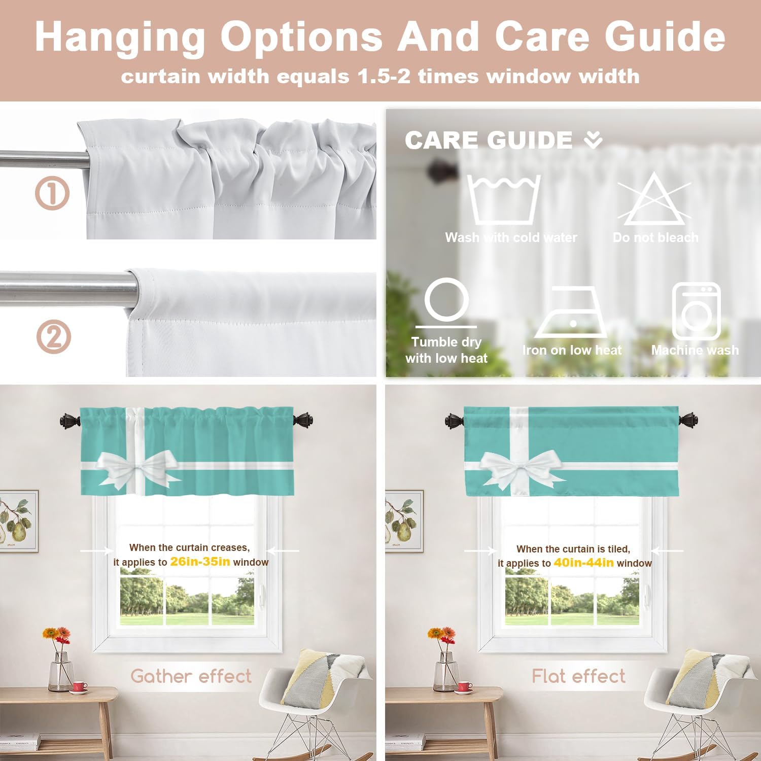 Shrahala Teal Christmas Elegant Kitchen Valances, White Turquoise Half Window Curtain Window Treatment Multilayer Polyester Blackout for Living Room Bathroom 2 Pack 52 x 16 in