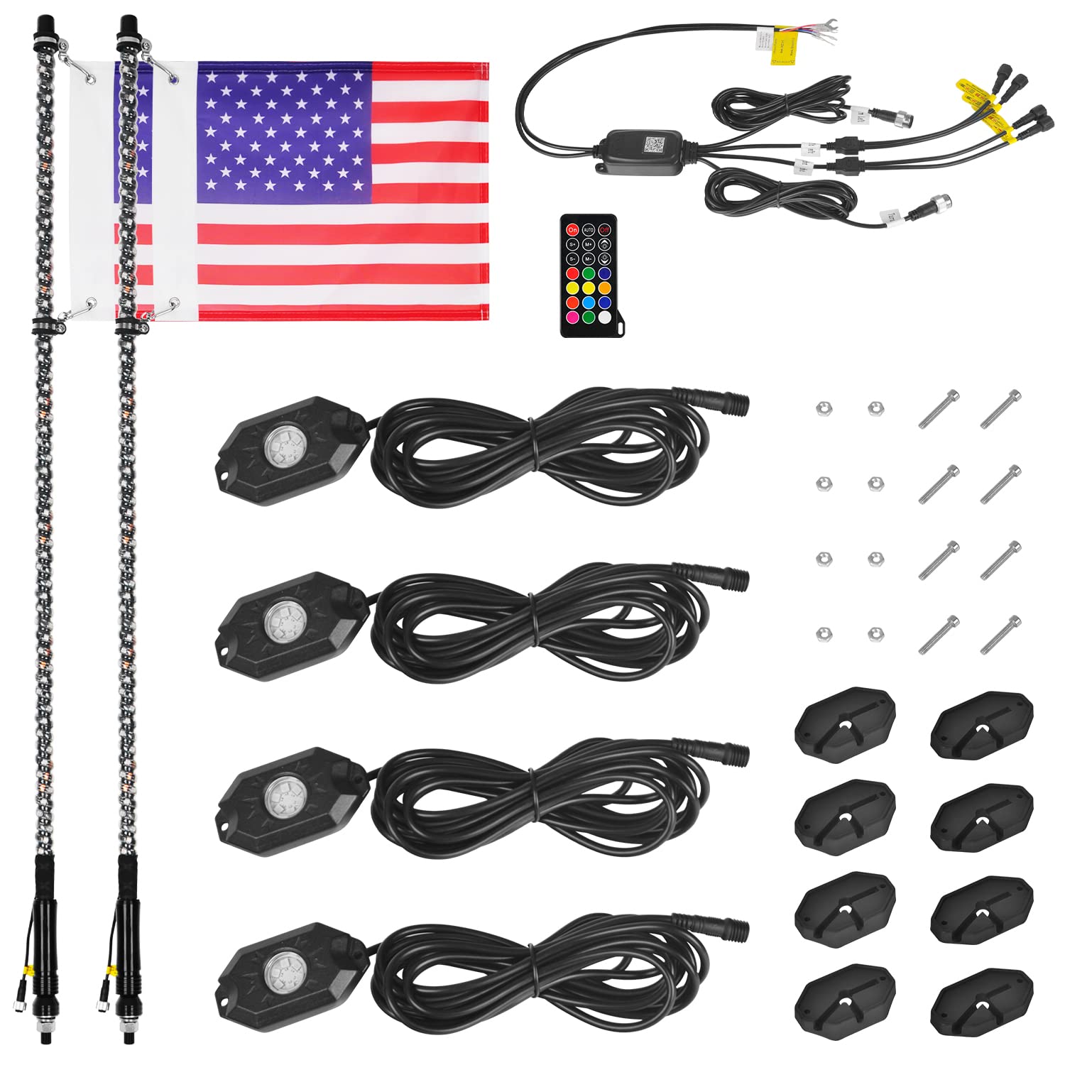 OHMU 2Pcs 4FT LED Whip Lights and 3rd-Gen Rock Lights Package with Bluetooth and Remote Control 360° Spiral RGB Chasing Neon Pods Offroad Warning Lighted Antenna Whips and Rocks Cambo