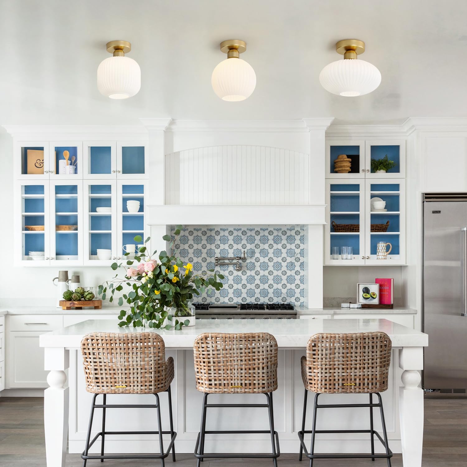 KCO Lighting Mid Century Modern Large Semi Flush Mount Ceiling Light Fixture White and Gold Living Room Flush Mount Ceiling Light Vintage Milk Glass Globe Close to Ceiling Light