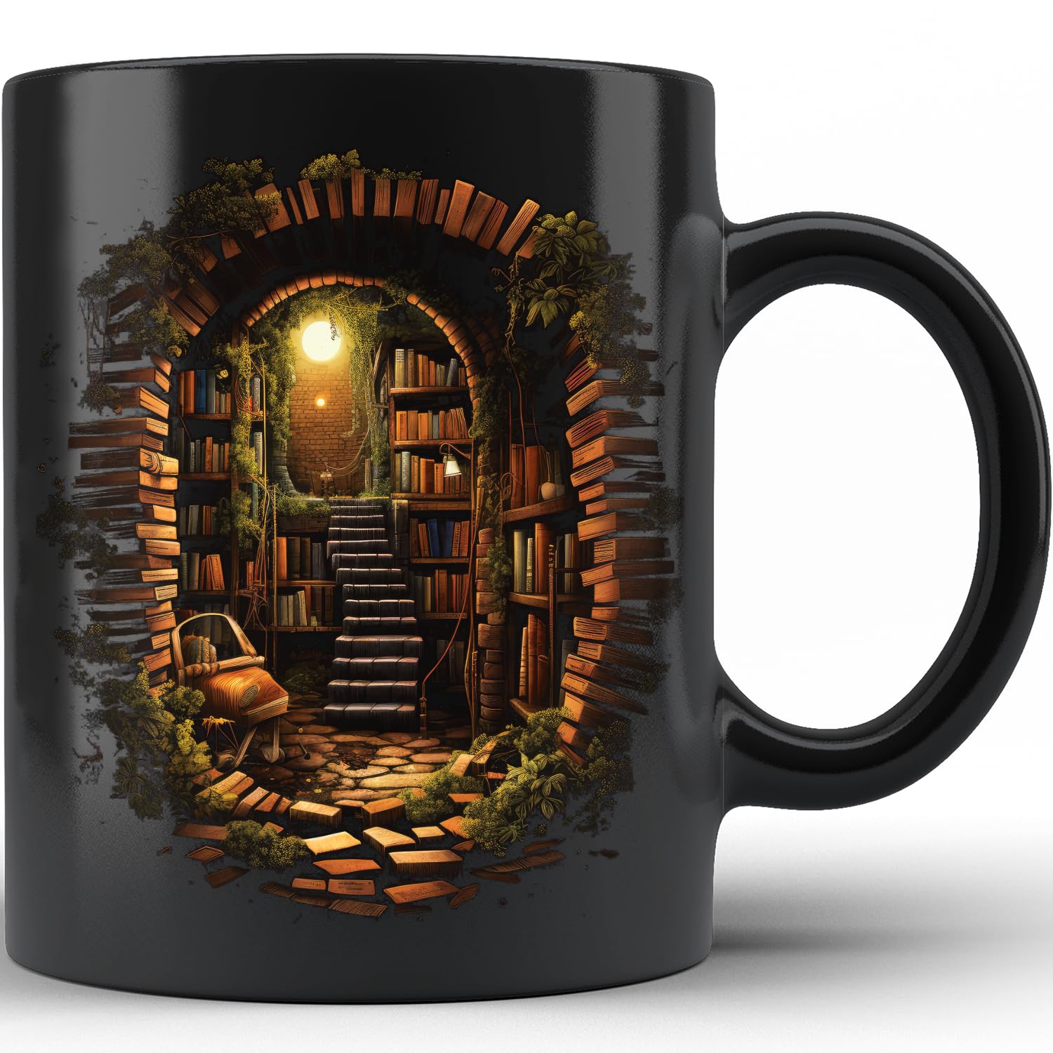 Coffee Mugs 330Ml, Vintage Bookshelf Wall Hole Library Book Multicoloured Drinking Cups with Handle Tea Mug for Office Home Friend