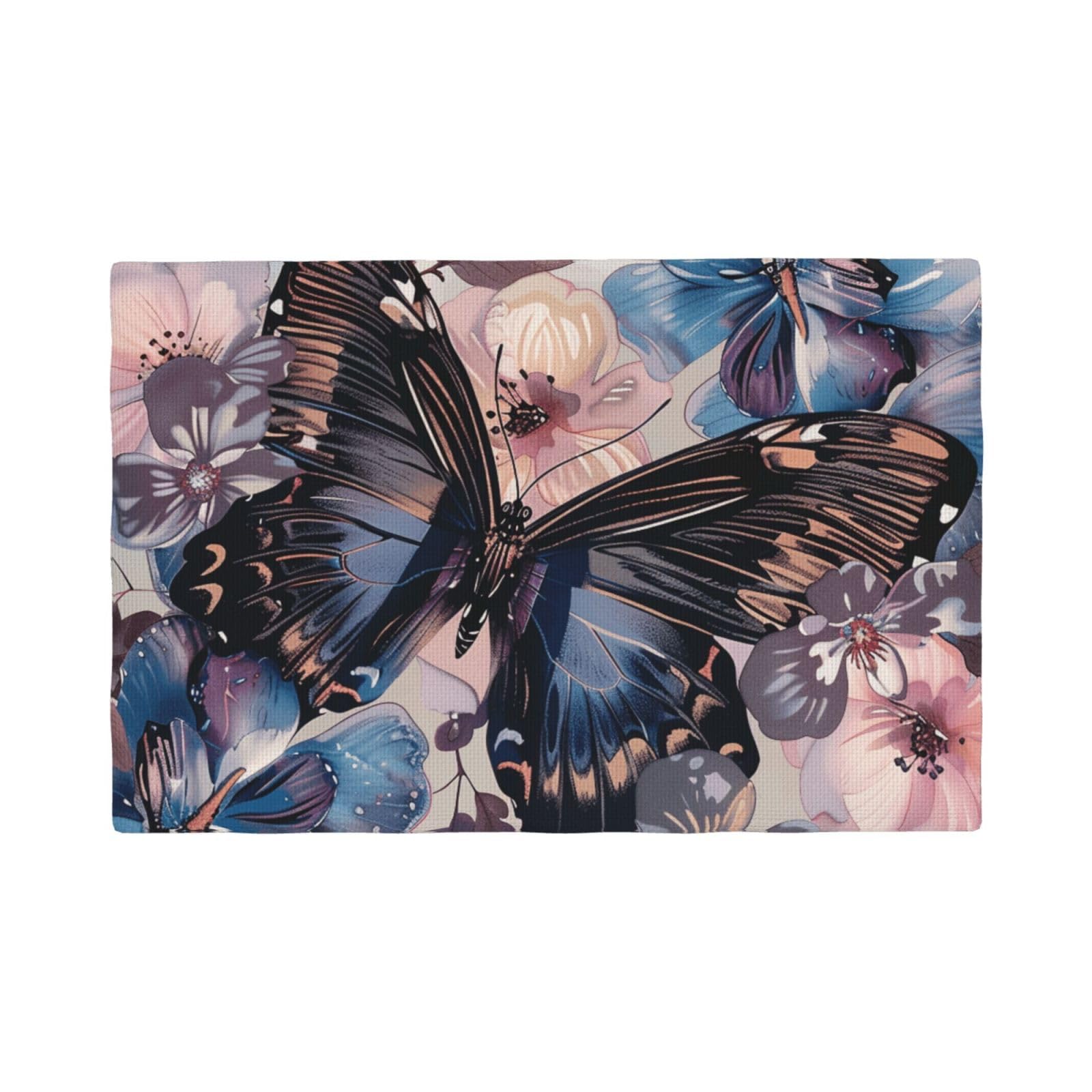 Butterfly flower Print Placemats Set, Heat Resistant Washable Placemat 12x18in Table Mats for Party Kitchen Dining Table Decoration Indoor Outdoor, Four Pieces