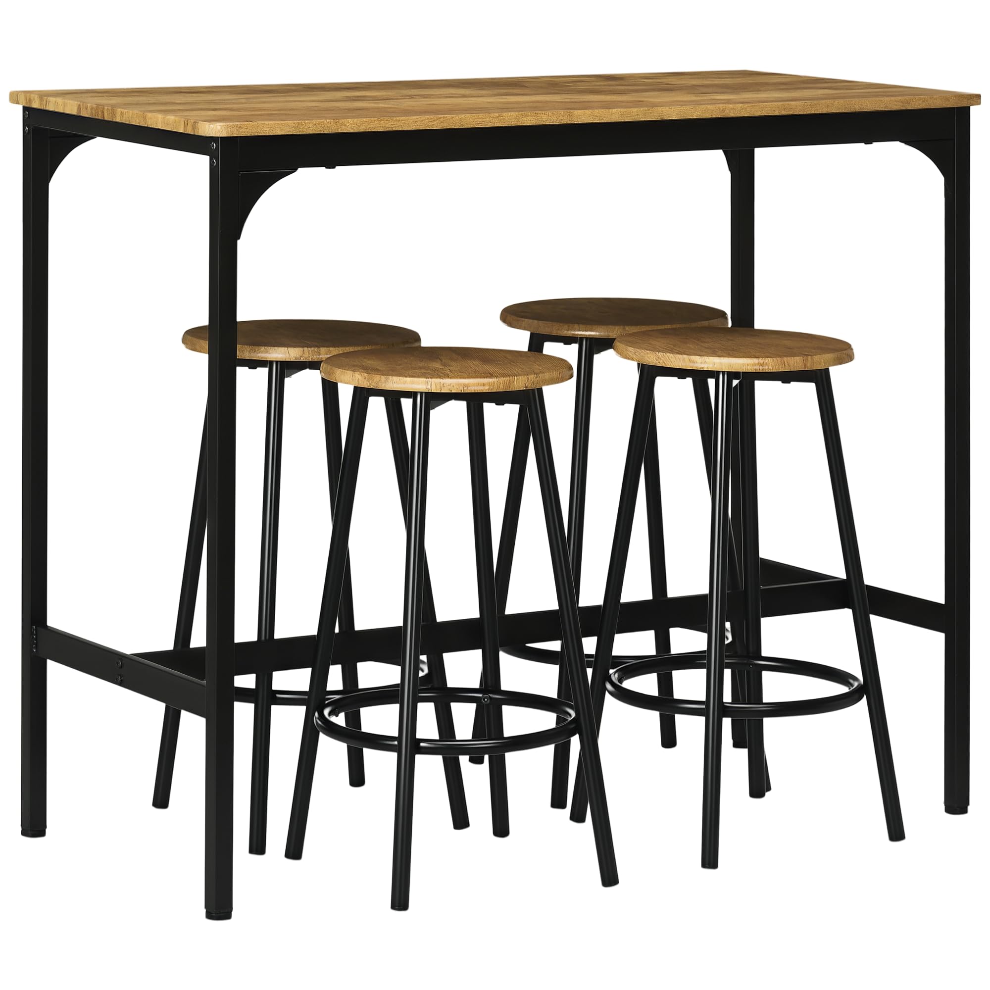 HOMCOM Conjunto de Mesa Alta de Bar y 4 Taburetes Mesa Alta de Cocina con Taburetes Estilo Industrial Marco de Metal para Salón Marrón Rústico