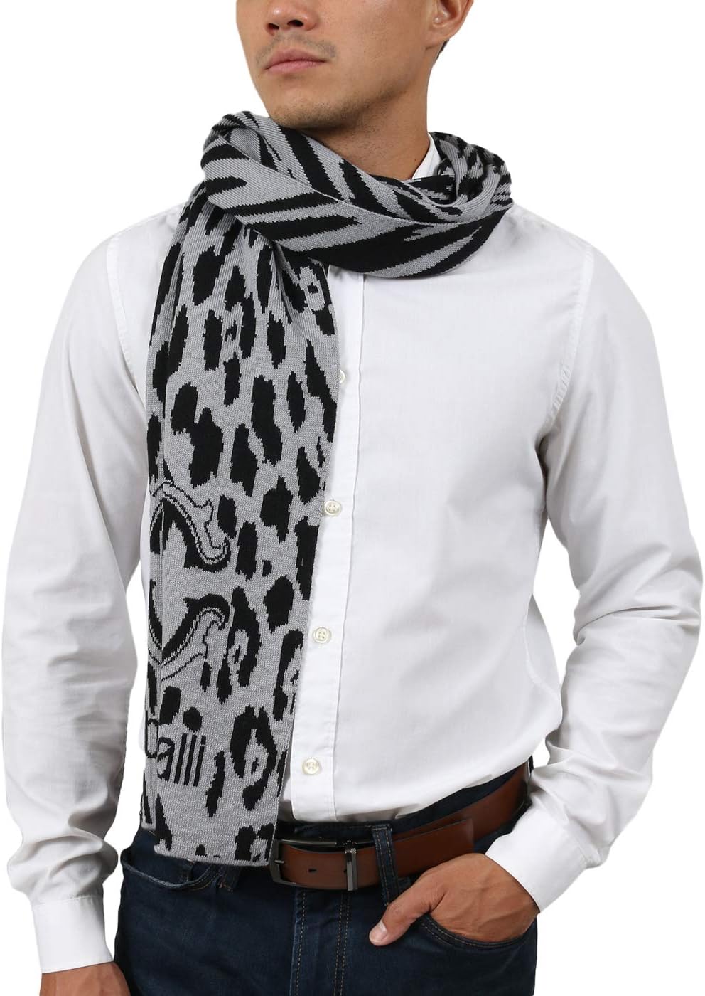 ROBERTO CAVALLI ESZ025 D0060 Grey/Black Leopard Print Mens Scarf