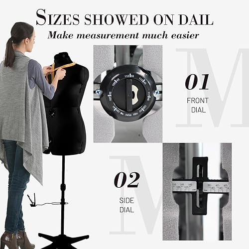 Miniatura 6 de MNOXBCCO formas de vestido para costura, maniquí femenino negro ajustable talla 12-18, cuerpo de modelo con capacidad de engrapado con 13 diales y
