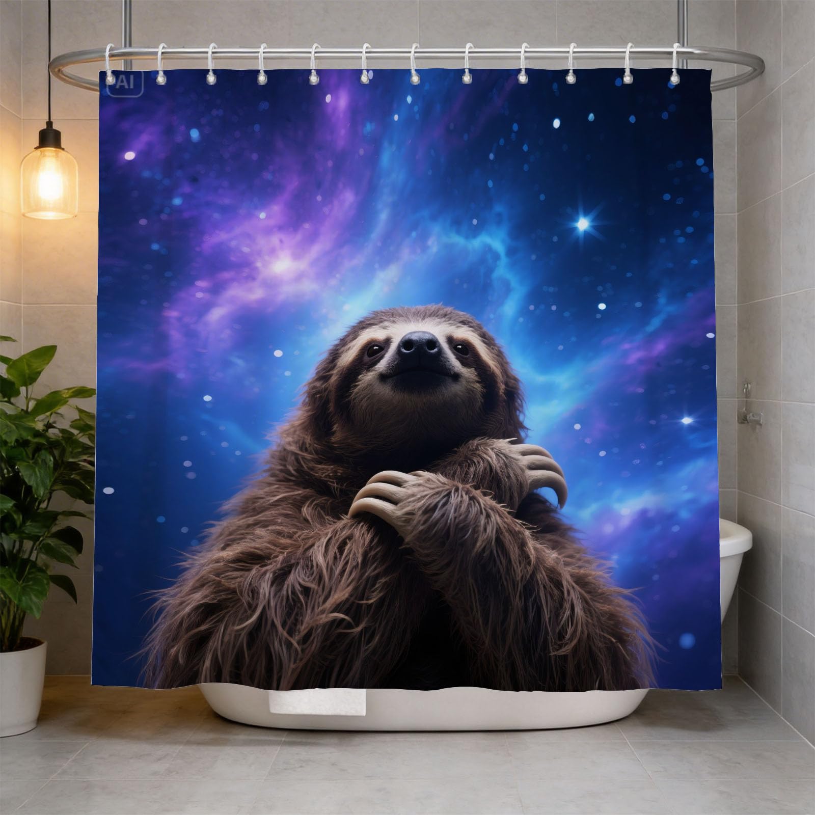 Hongduo 3D Sloth Shower Curtain for Stalls Bathtubs Glowing Cosmic Bathroom Decor Shower Curtain Set Polyester Fabric Waterproof 180x180cm/71X71 Inch with Hooks