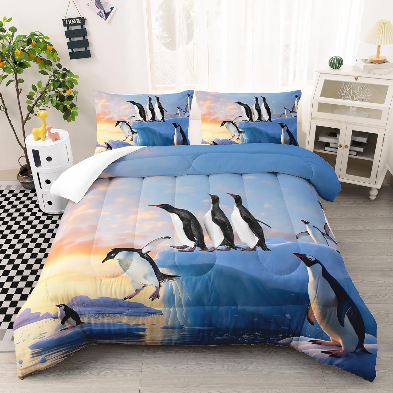 Penguin Comforter Set - Cute Penguin Design Printed Pattern Quilt Bedding Set for Girls and Boys Bedroom Kids Comforter Set Queen Size Style 10 Queen