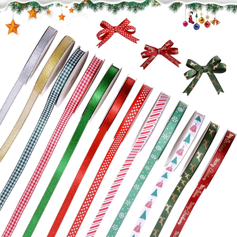 RibestChristmas Ribbon Grosgrain Ribbon 3/8" Xmas Ribbon Set for Gift Wrapping Bows Making Crafts Holiday Décor