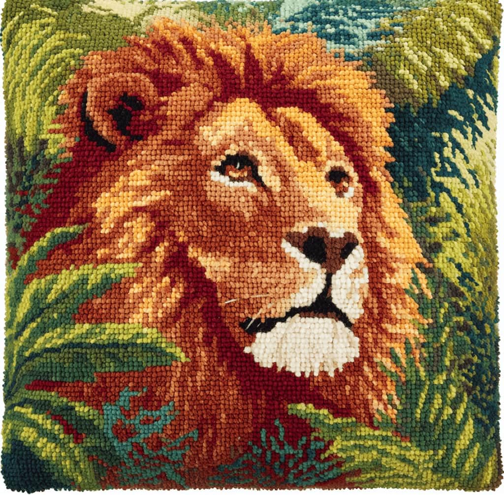 Kitquiver Latch Hook Kits Jungle Lion for Adults,Beginners DIY Latch Hook Cushion Kits and Latch Rug Kits Cross-Stitch Embroidery Cushion Cover for Home Sofa Decoration 17X17 in