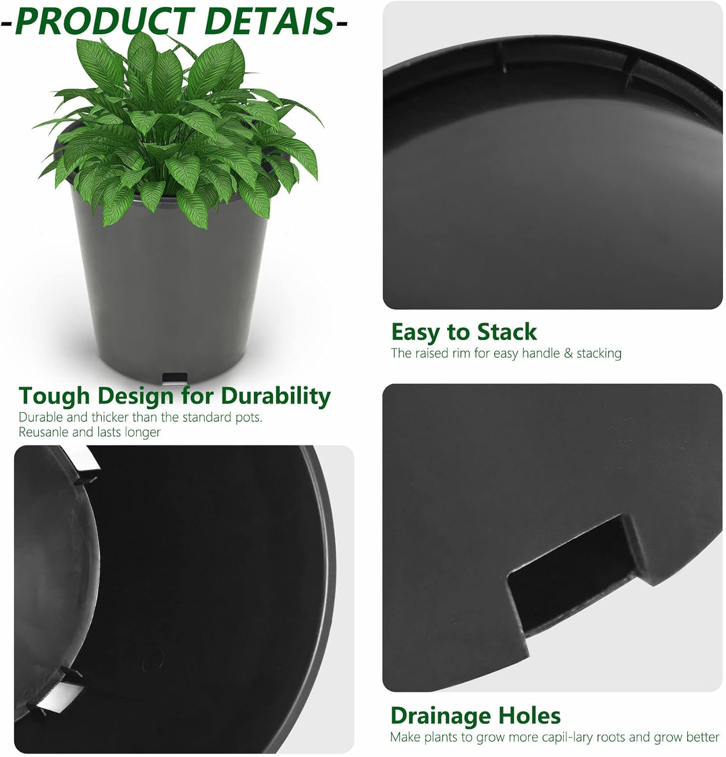 waltyotur 10PCS 1.6 Gallon Round Durable Planter Nursery Pots, Injection Molded Plastic Plant Container Garden Planter Pots for Indoor Outdoor Plants Flower Vegetables, Black