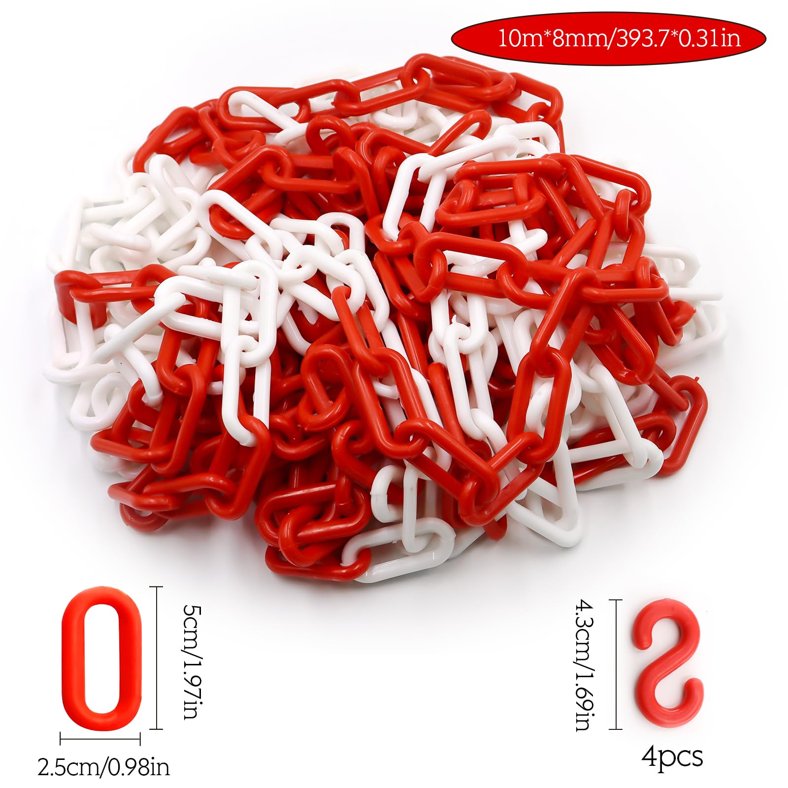 Catena di bloccaggio, in plastica, 10 m x 8 mm, leggera e pratica, con 4 ganci a S, catena in plastica per bloccare le superfici