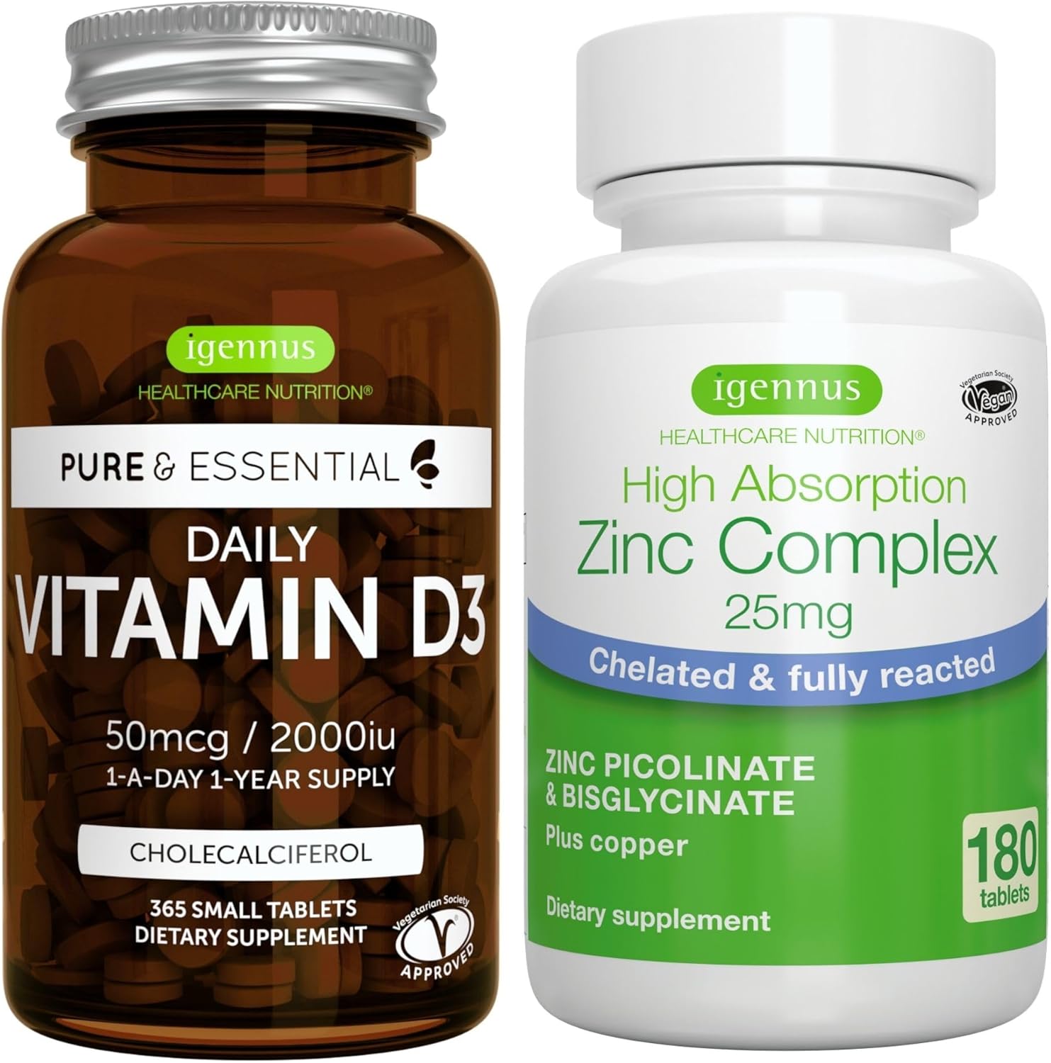 Daily Vitamin D3 + Zinc Complex Vegetarian Bundle, 365 2000iu Vitamin D3 Tablets + 25mg Chelated Zinc Picolinate & Bisglycinate with Copper, by Igennus