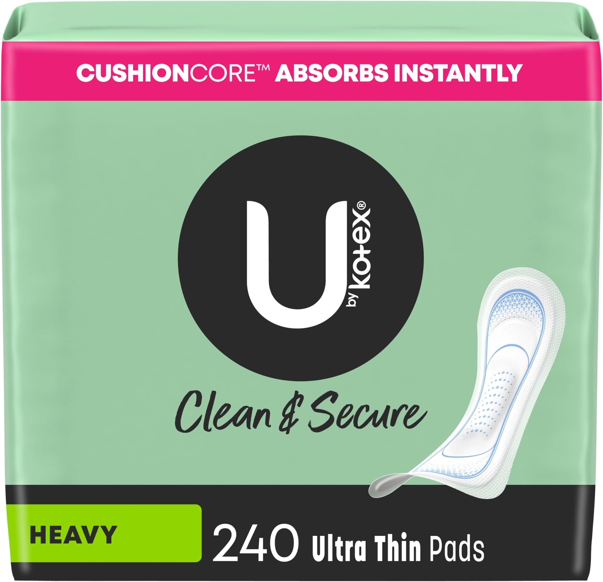 U by Kotex Clean & Secure Ultra Thin Pads, Heavy Absorbency, 240 Count (6 Packs of 40)