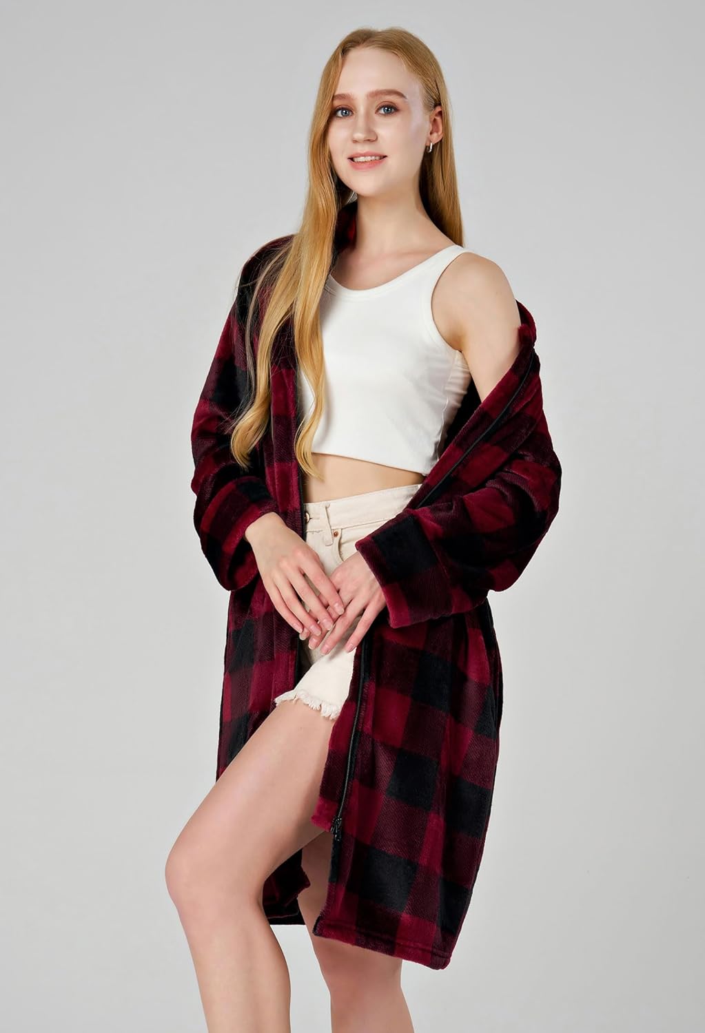 SIORO Fleece Robes for Women Plush Zipper Front Bathrobe Knee Length Warm Housecoat Long Sleeve Cozy Sleepwear with Pockets - Image 7