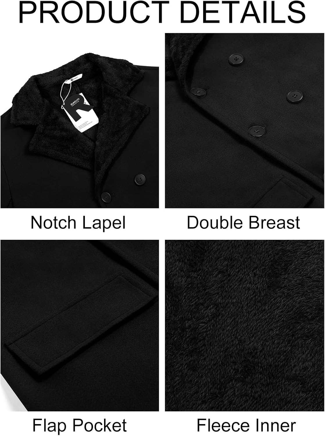 Runcati Mens Trench Coat Double Breasted Notched Collar Fleece Jacket Slim Fit Fall Winter Fuzzy Pea Coats Warm Overcoat - Image 5