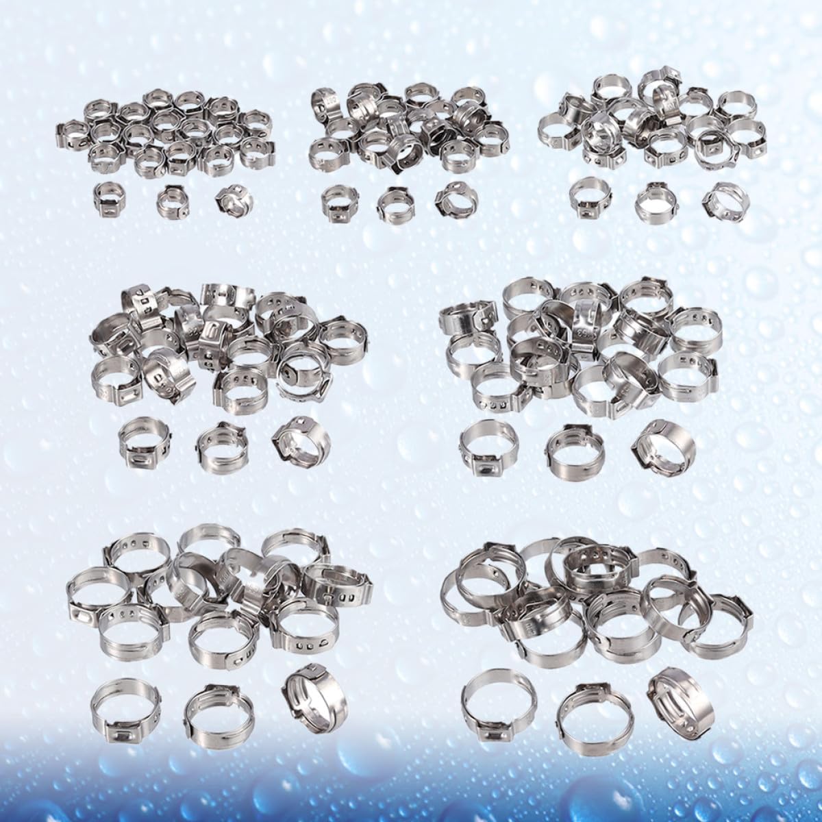 130pcs 304 Stainless Steel Single Ear Hose Clamps Continuously Adjustable Hose Clips with 7mm-21mm Sizes Assortment for Plumbing, Automotive, and DIY Applications