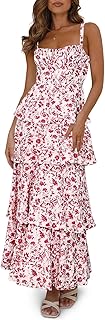 Womens Floral Maxi Dresses Spaghetti Strap Casual Sleeveless Ruffle Flowy Tiered Dress - Buy now