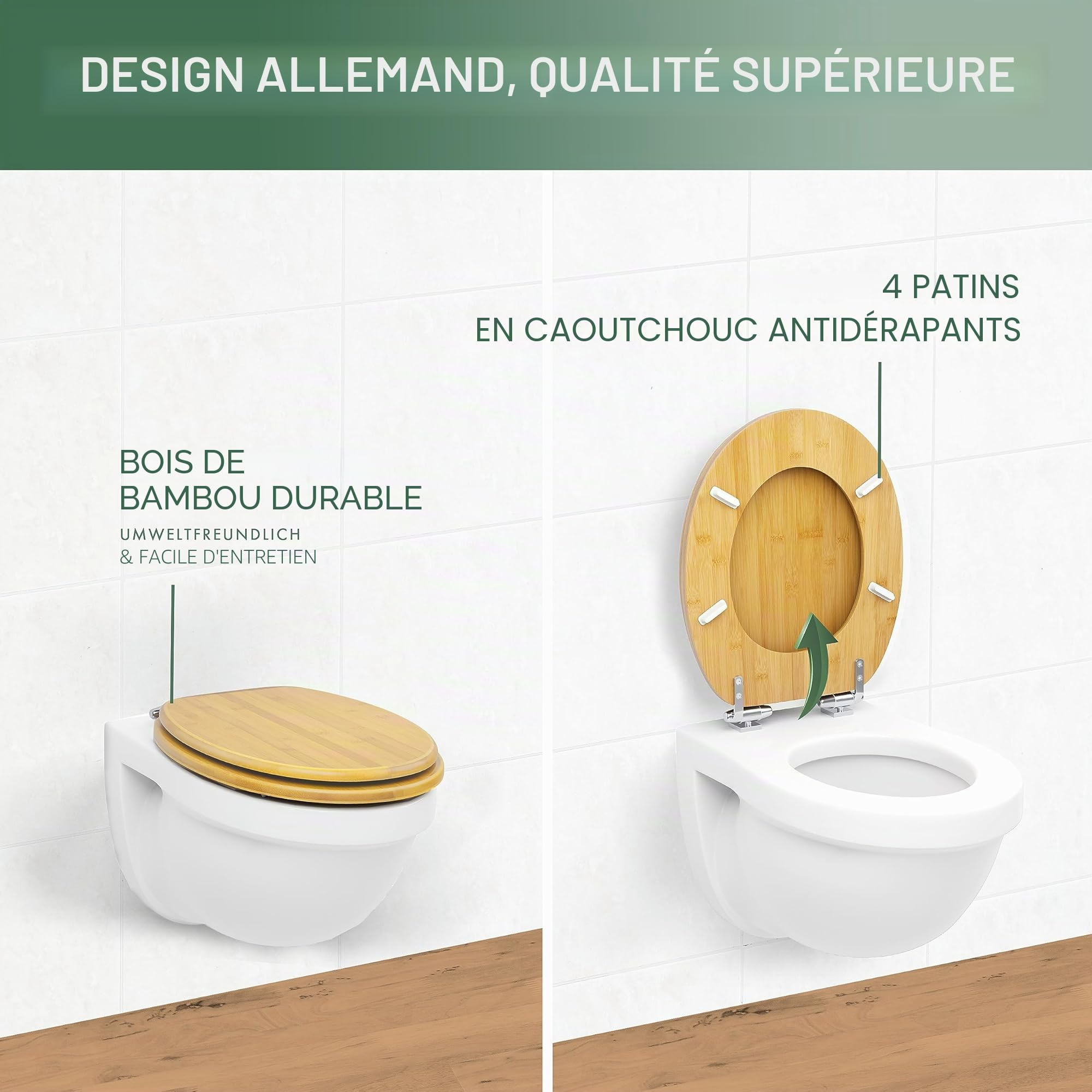 Benkstein® Abattant de WC en bambou avec système d'abaissement automatique - Abattant de WC antibactérien - Quick Release pour un nettoyage facile - Montage facile - Robuste et durable - Couvercle de