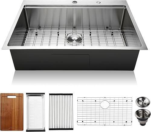 PRUSSIA Fregadero de cocina de 33 pulgadas, 33 x 22 x 10 pulgadas, fregadero de acero inoxidable 304 calibre 16 de un solo tazón U910