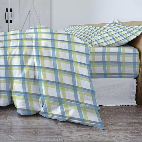 Miniatura 4 de Juego de funda de edredón a cuadros azul y verde tamaño matrimonial, juego de funda de edredón de 4 piezas, funda de edredón a cuadros dibujada a