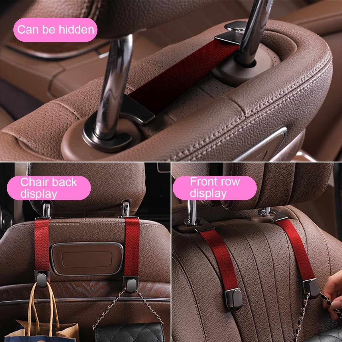 Car Headrest Hooks, 2PCS Vehicle Back Seat Storage Organizer Hanging Holder for Purse Bags Grocery, Adjustable Automotive Interior Hanger Accessories, Universal Fit (Red) image 5