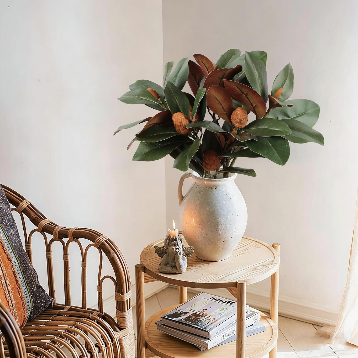 4Pcs Magnolia Branches 32 Inch Long Artificial Magnolia with Leaves and Fruit Stems 3D Plastic Printing Houseplant Greenery for Indoor Outdoor Home Office Wedding Vase Table Centerpiece Decor