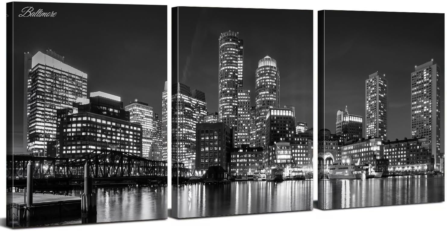 Black and White Baltimore Skyline Wall Art for Living Room USA Maryland Harbor Cityscape Picture Wall Decor Night City Skyscraper Panoramic Painting Prints Modern Artwork Office Decoration 12x16" 3P