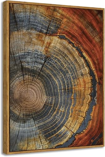Miniatura 17 de BingruiArt Anillo de árbol enmarcado para pared, arte de pared bohemio azul y rojo, impresión de naturaleza, lienzo de madera, obra de arte rústica,
