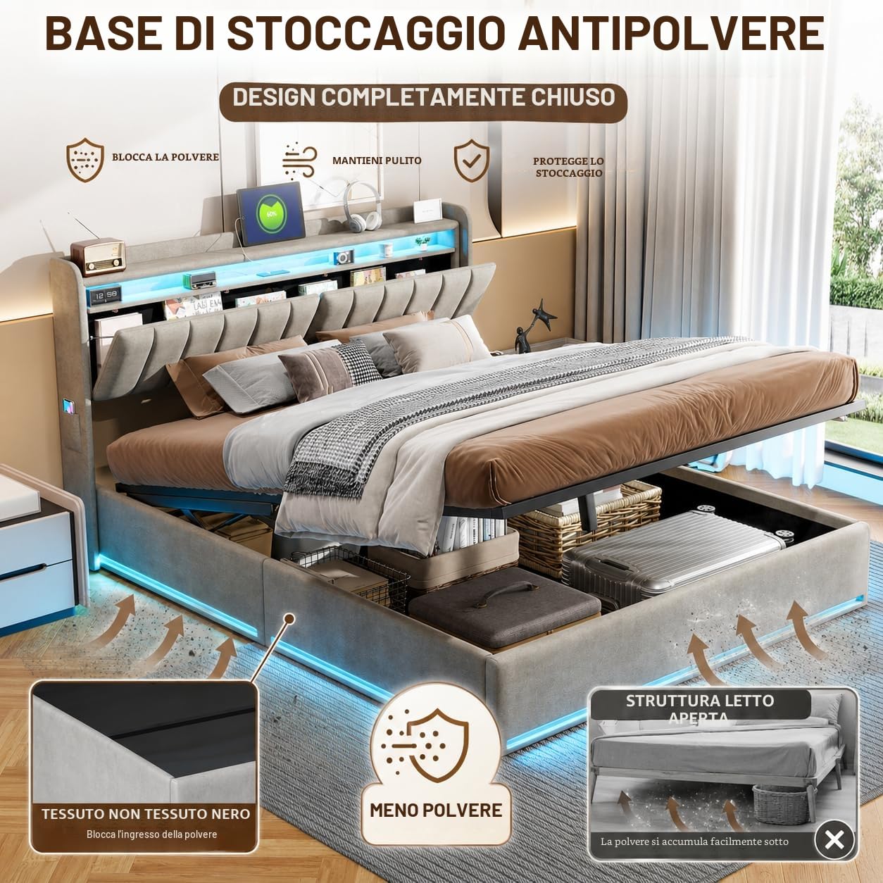 BRILVERDE Letto imbottito 140x200 con Contenitore idraulico, Letto matrimoniale a LED con USB, Funzionale con testiera, Struttura letto con rete a doghe, Velluto (Grigio, 140 x 200 cm)