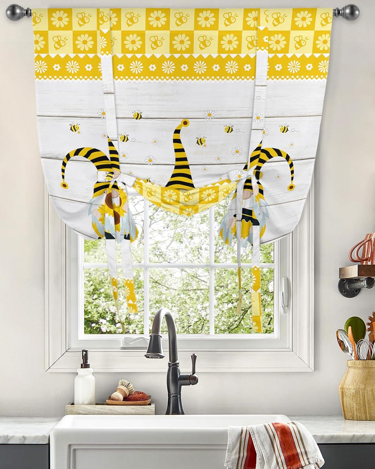 Pastoral Tie Up Window Shade Curtain Farm Gnome on Wood Plank Kitchen Adjustable Balloon Curtains Shades Drape 52x63In for Living Room/Bedroom/Cafe Windows Cute Bee Floral Buffalo Checker