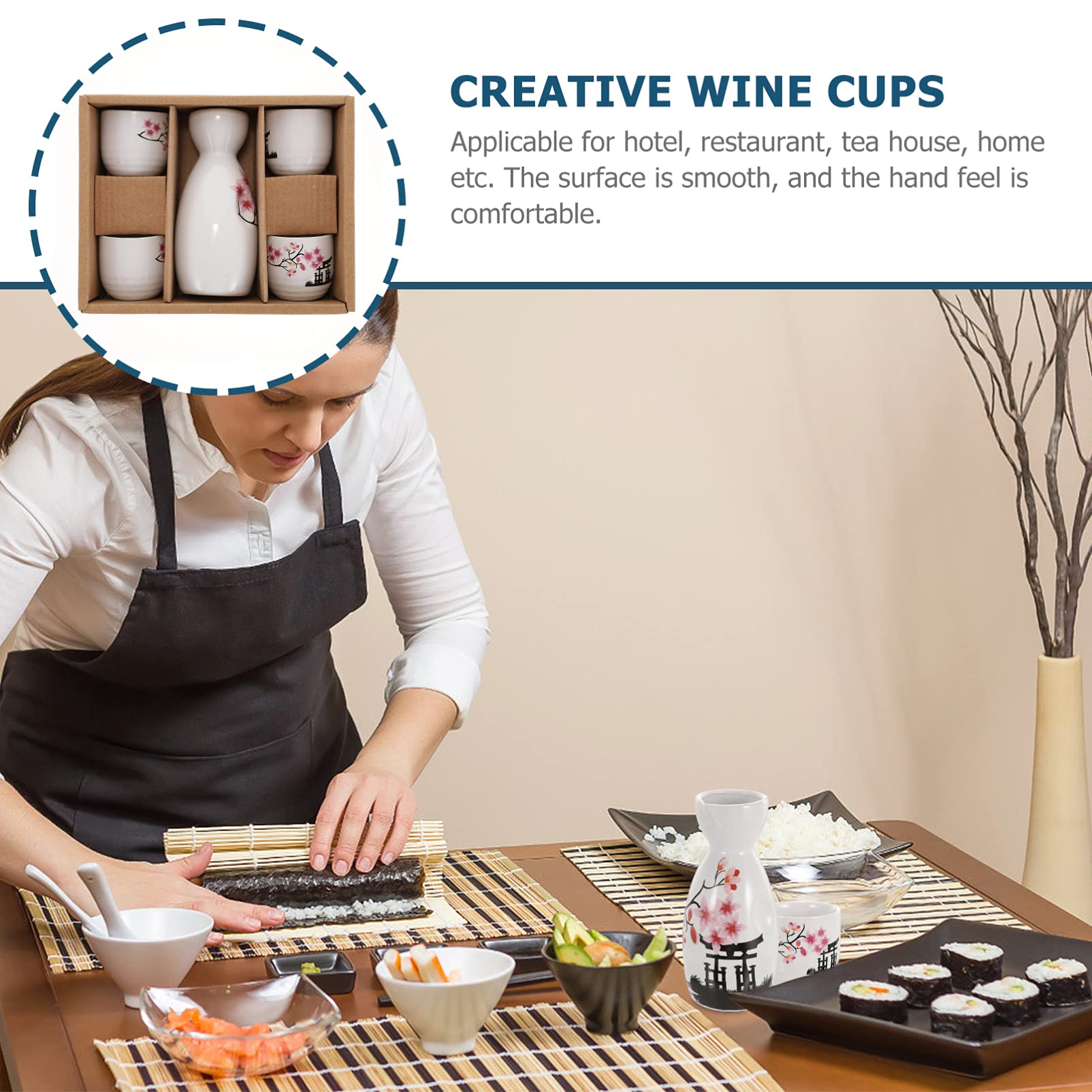 PRETYZOOM - Set di tazze per sakè, in ceramica, con bottiglia di bambù calda, multiuso, per sake