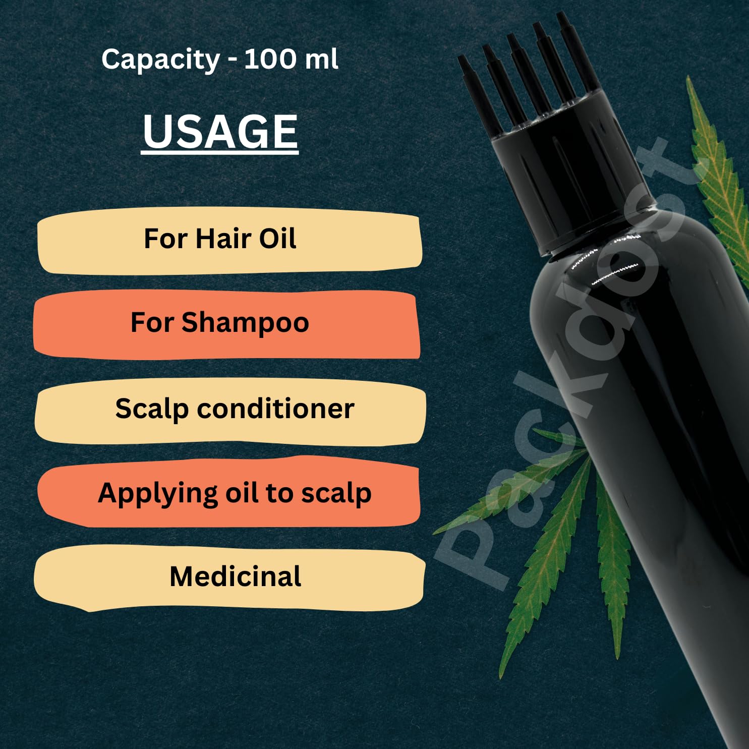 Packdost 100 Ml Empty Hair Root Comb Applicator Oil Shampoo Comb Refillable Cylindrical Black Bottle With Applicator Cap - Set Of 20 - Image 7 thumbnail