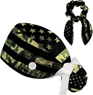 2 Pieces Surgical Cap for Long Hair Scrub Cap with Hairband Nurse Cap, Camo Pattern American Flag