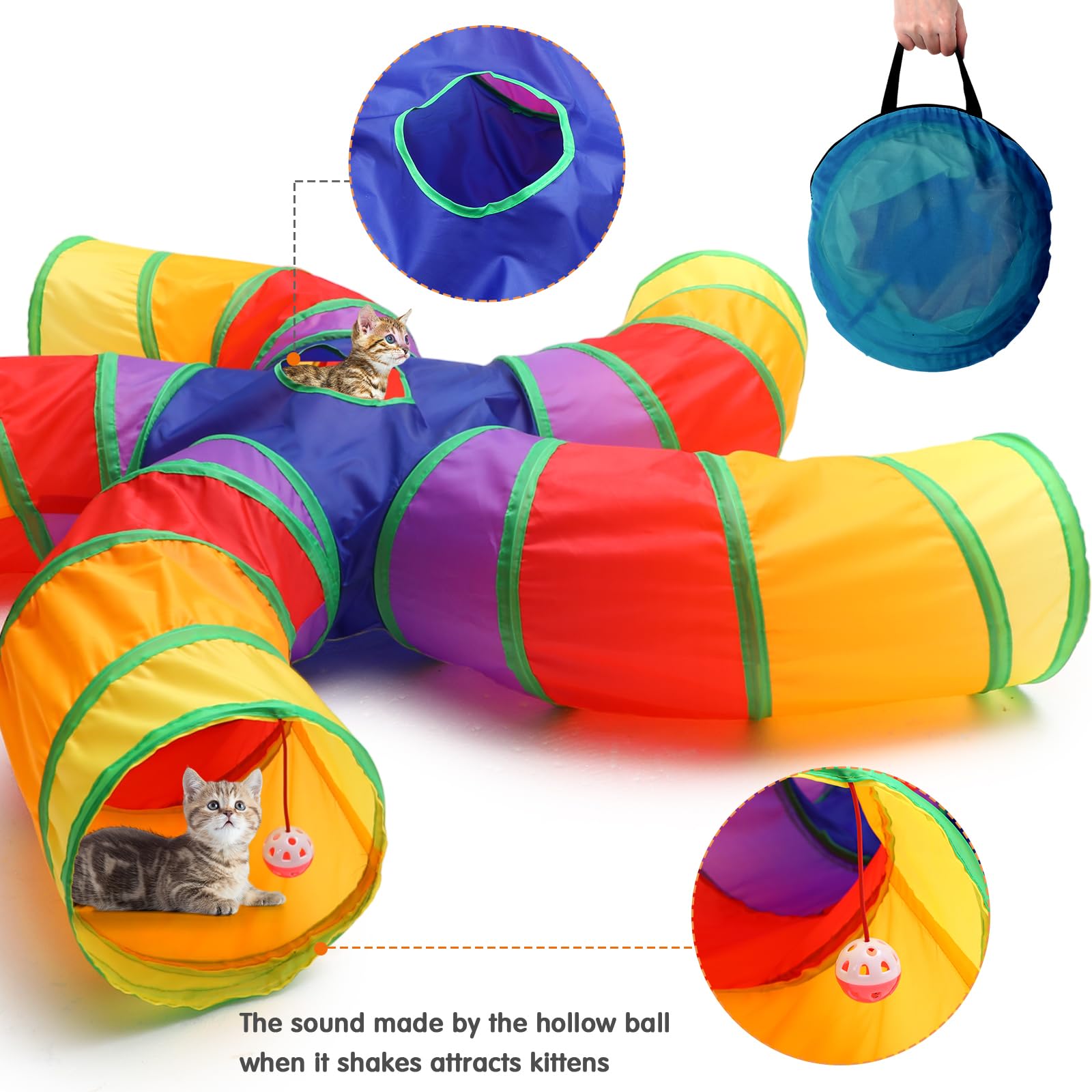 Poen Juego de 21 juguetes para gatos con túnel plegable de 5 vías para gatos de interior y 20 juguetes interactivos de plumas para gatos, bolas arrugadas, tubo grande para cachorros, gatitos, conejos