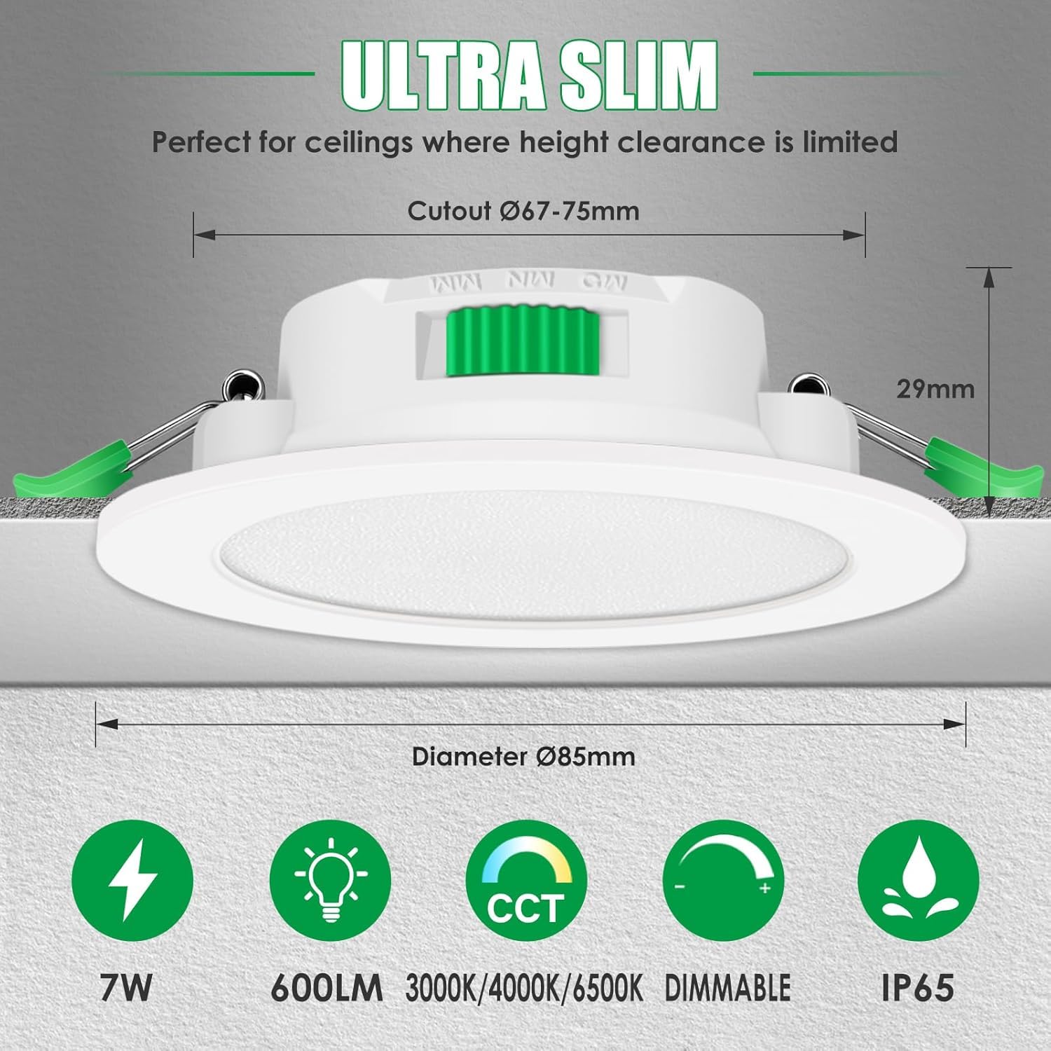 ALUSSO Lot de 6 Spot LED Encastrable 68mm 7W Dimmable AC 220-240V 3000K 4000K 6500K IP65 Réglable Blanc