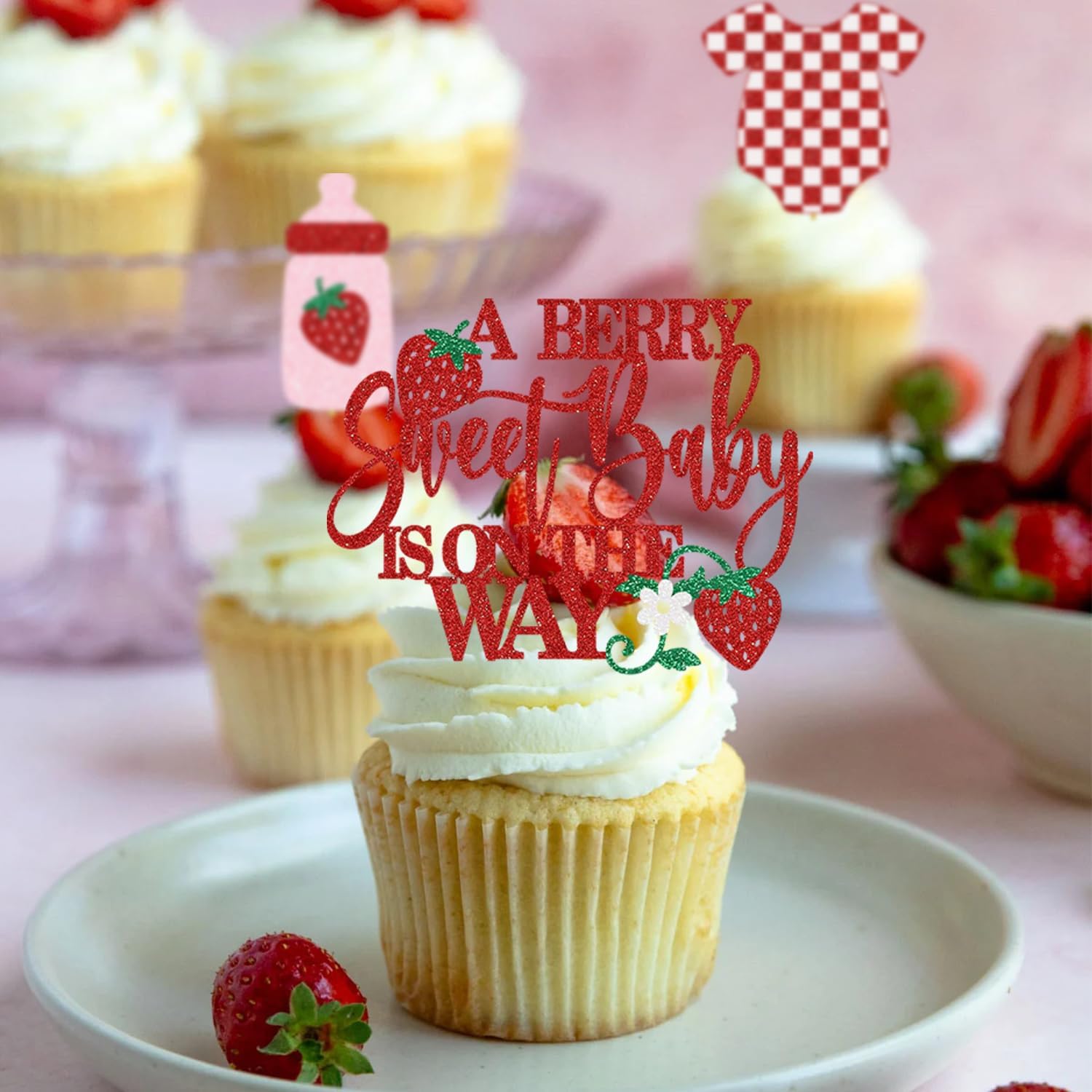 Berry Sweet Cupcake Toppers Strawberry Baby Shower Decoration Red And Pink Welcome Girl Party Supplies