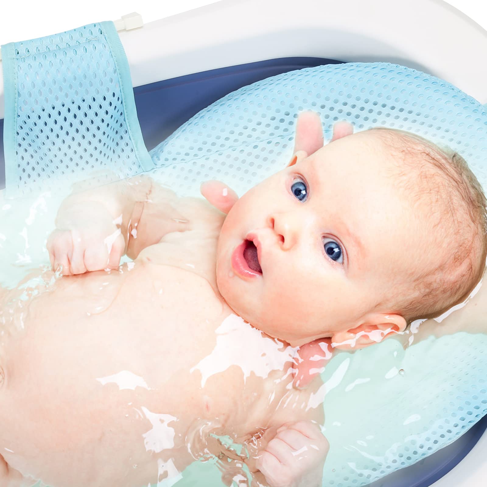 Ikodm Bañera 3 en 1 para bebé con termómetro, alfombrilla de baño, vaso para lavar el pelo del bebé, bañera ergonómica plegable, ahorra espacio, para recién nacidos a partir de 0-3 años (azul)