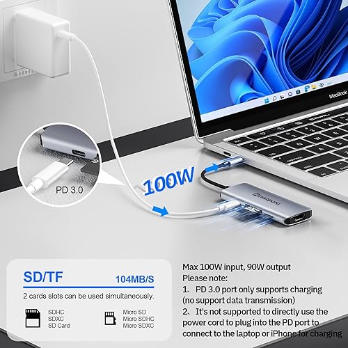 Vista 7 de Adaptador multipuerto USB C Hub, minisopuru USB C Dock para portátil, adaptador USB C 7 en 1 con HDMI 4k, USB3.0, puerto PD alimentado de 100 W