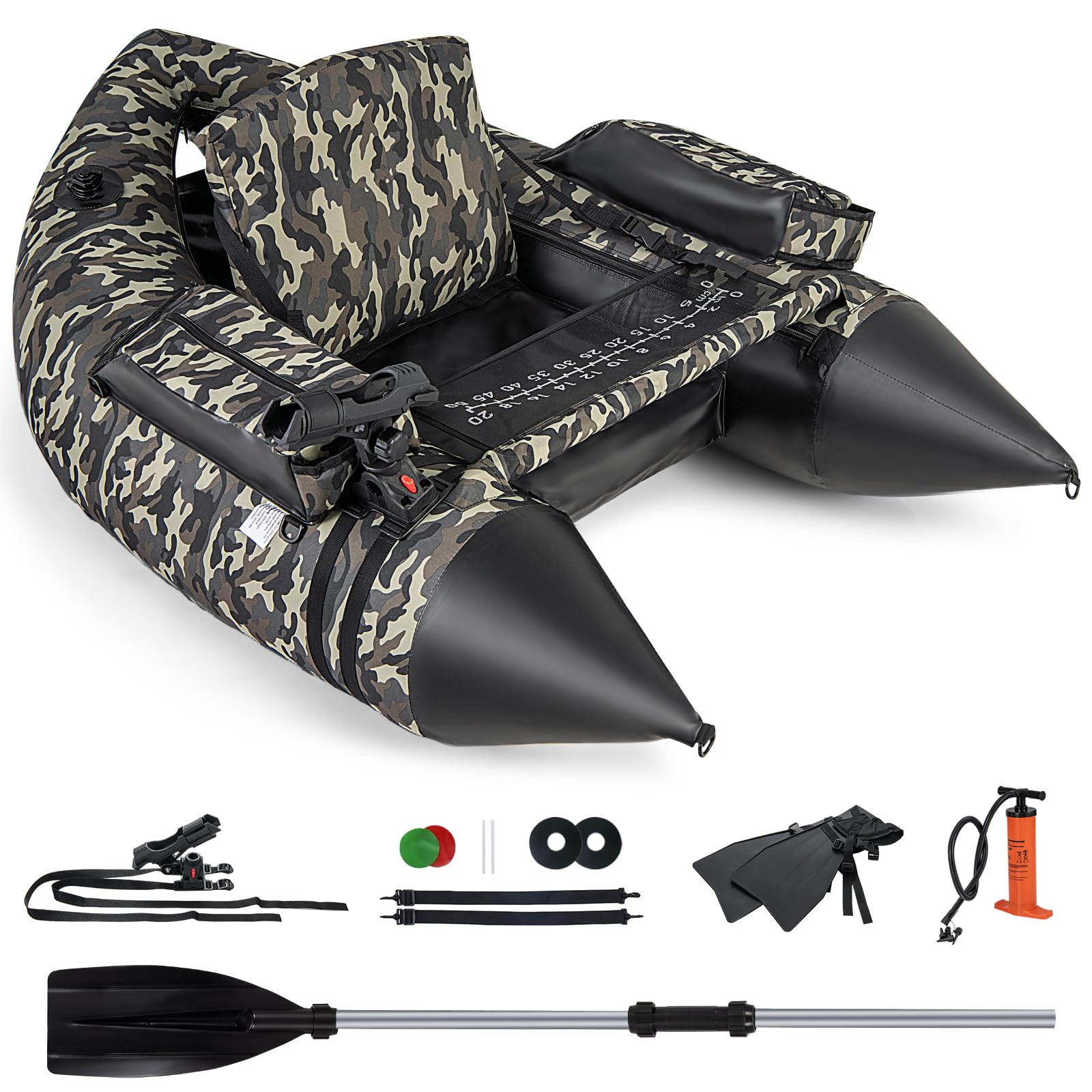 GYMAX Fishing Float Tube, 350lbs Portable Fishing Boat with Adjustable Shoulder Straps, Manual Pump, Paddle, Flippers, Fishing Rod Holder & Fish Ruler, Inflatable Adult Belly Boat for Fishing