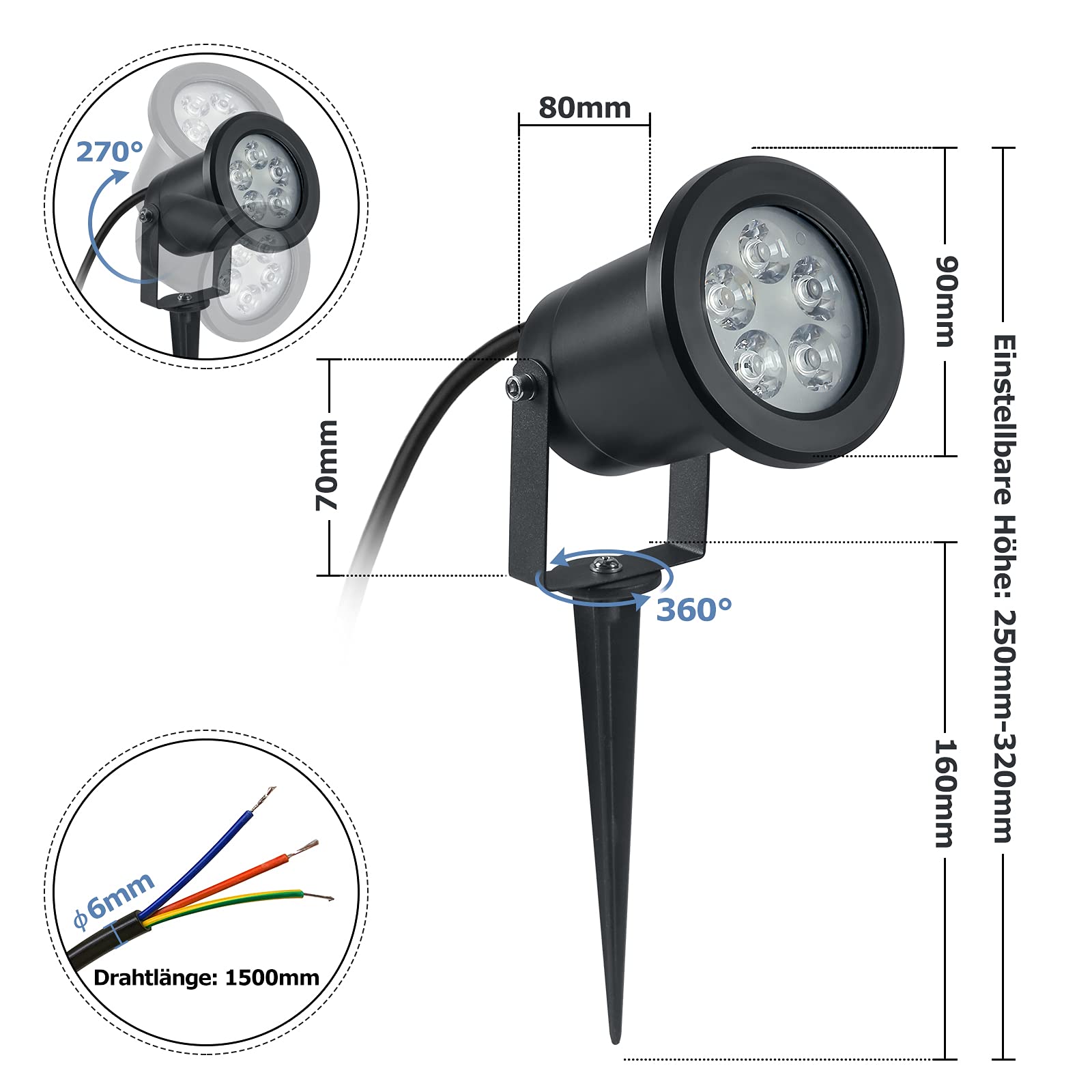 Aufun 8 lampade da giardino a LED da 3 W con picchetto, luce bianca calda, nero opaco, impermeabile IP65, per esterni, giardino, laghetto, paesaggio, senza spina Schuko (8 x 3 W, bianco caldo)