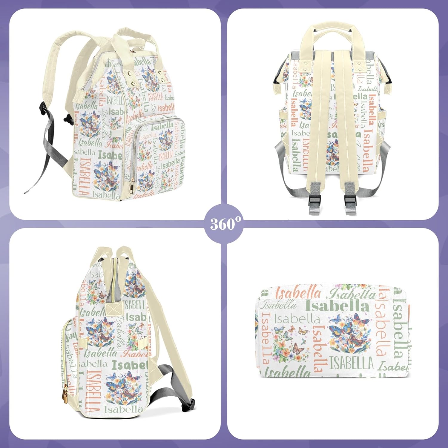 Custom Diaper Backpack, Upgraded Large Capacity Baby Bag, Personalized Changing Backpack With Name, Multifuction Mommy Bag With Insulated Pocket for Girls, Butterfly Green