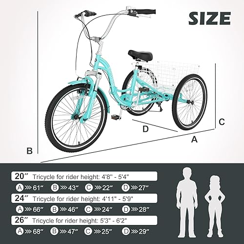 Miniatura 7 de H&ZT Triciclo para adultos, bicicleta de 3 ruedas, triciclo crucero, con engranaje de 7 velocidades, mango de freno de estacionamiento, escalón
