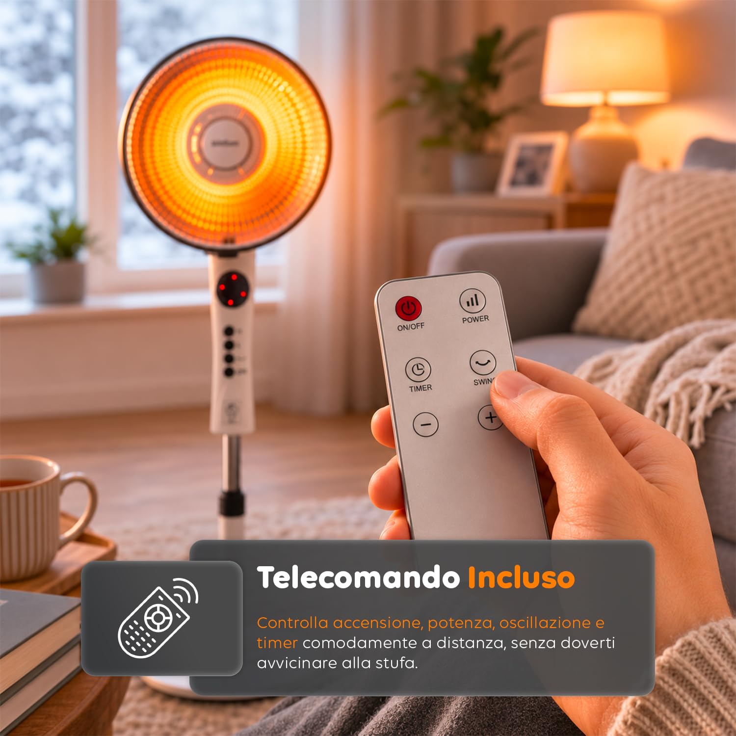 Avilia – Stufa Elettrica a Parabola con Elemento al Carbonio 550/1100W, Timer, Telecomando e Oscillazione per Riscaldamento Casa Rapido e a Basso Consumo Energetico