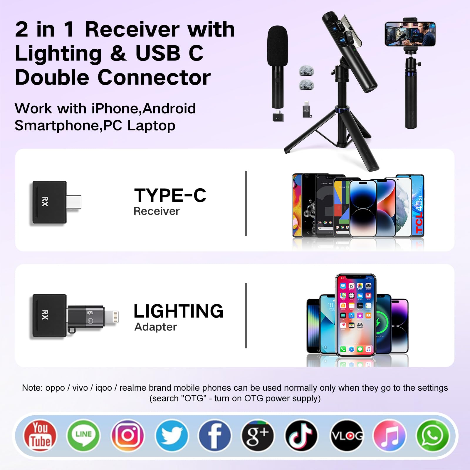 Micrófono Lavalier 4 en 1 para iPhone, iPad, Android, mini micrófono con cancelación de ruido, emparejamiento automático y silencio, micrófono podcast con trípode para teléfono móvil