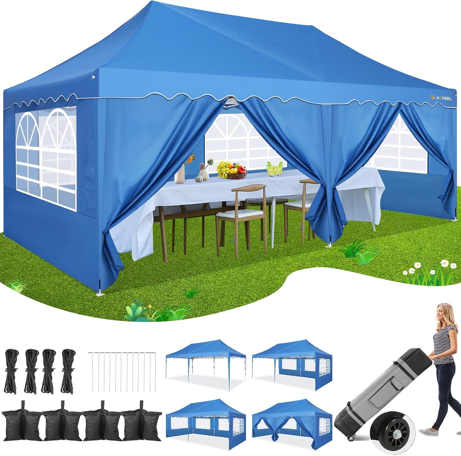 HOTEEL Faltpavillon 3x6 Pavillon Wasserdicht Stabil Partyzelt Faltbar, Faltzelt Mit 6 Seitenwänden & Rolltasche & 4 Sandsäcken, Einfacher Aufbau für Hochzeiten, Gewerbe, Partys, UV50+ Schutz, Blau